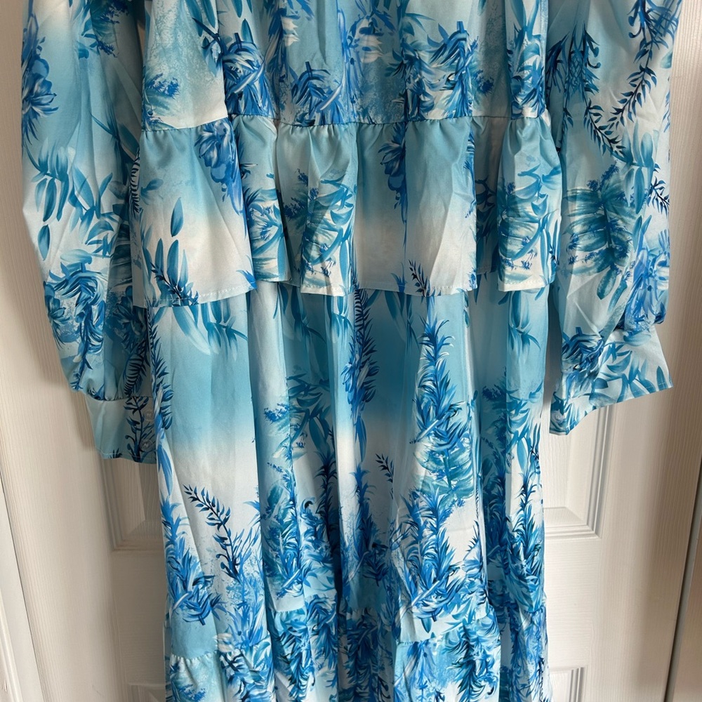 Floral Blue and White Long Sleeve Dress